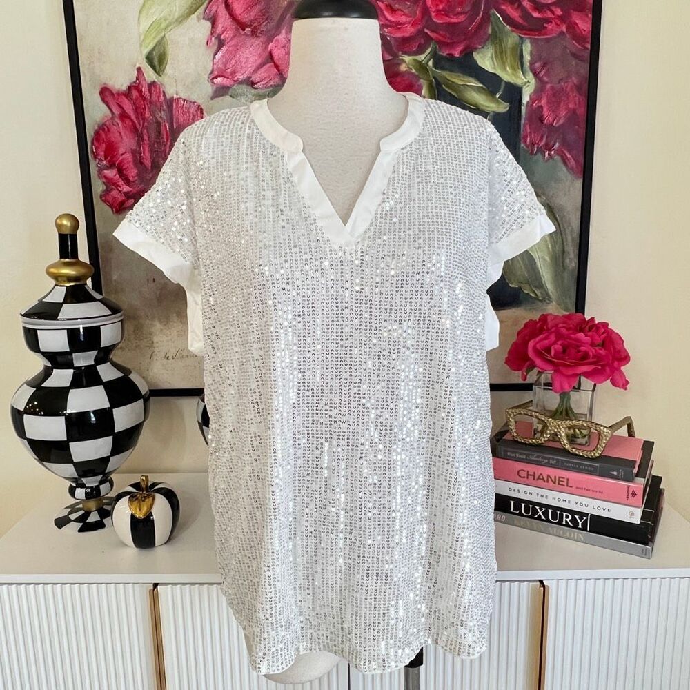 Grace Karin Women's Satin Trim Sequin Short Sleeve V-Neck Blouse Silver XL NWT